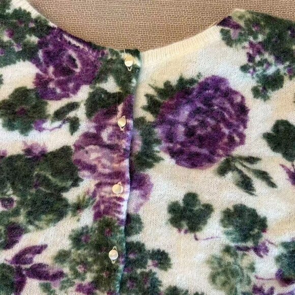 Sezane Adriana Cardigan Small Violet Flowers French Knit Sweater Causal Mohair - Picture 6 of 10